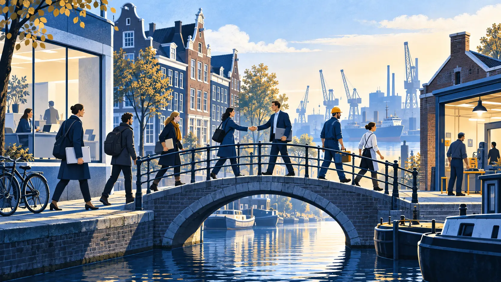 Illustration: Menschen auf einer Brücke zwischen Arbeitsvermittlung und Betrieben in einer niederländischen Stadt.