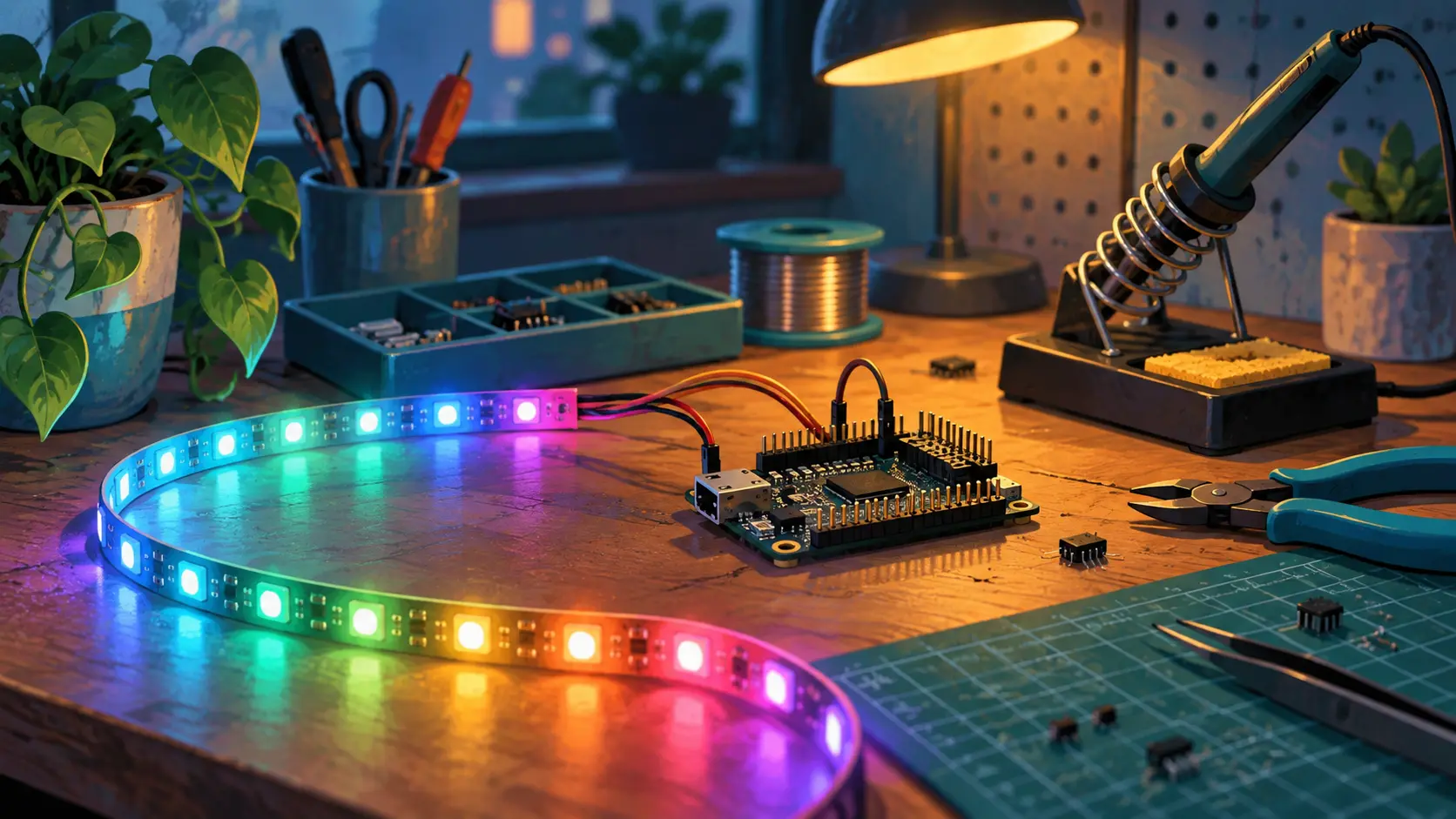 Beispielillustration: LED-Streifen und Elektronik auf einer Werkbank