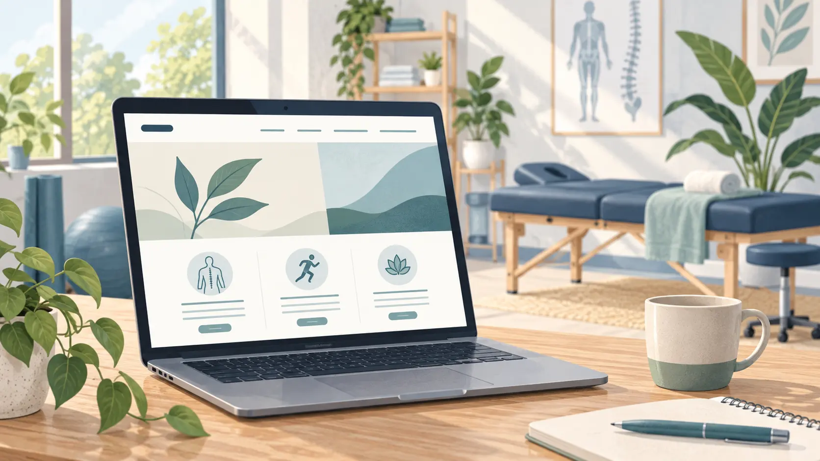 Beispielillustration: Laptop mit Praxis-Webseite in einem Physiotherapieraum