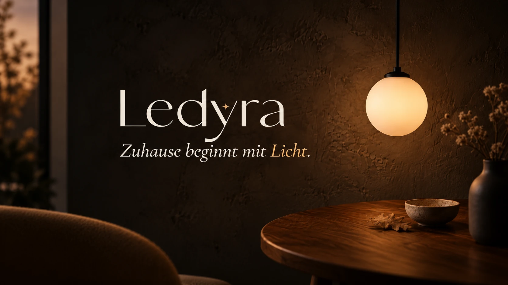 Ledyra-Schriftzug „Zuhause beginnt mit Licht“ neben einer warm leuchtenden Pendelleuchte.